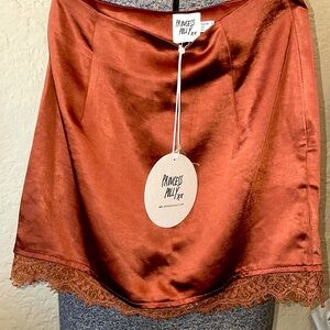Sateen silky Princess Polly mini skit with lace detail in rust-orange-brown US 0